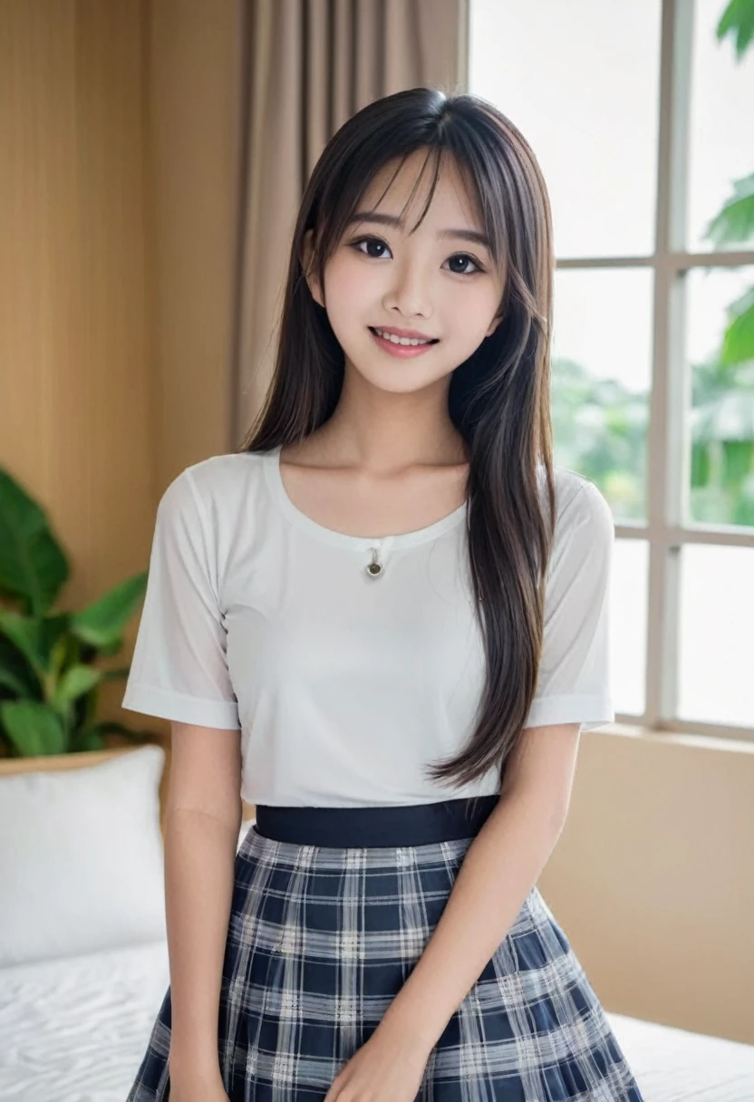 girl from Indonesia, , big eyes, round face, she is very cute, her breasts are very big, wears a skirt and shows under her skirt without panties, she smiles, very cute,