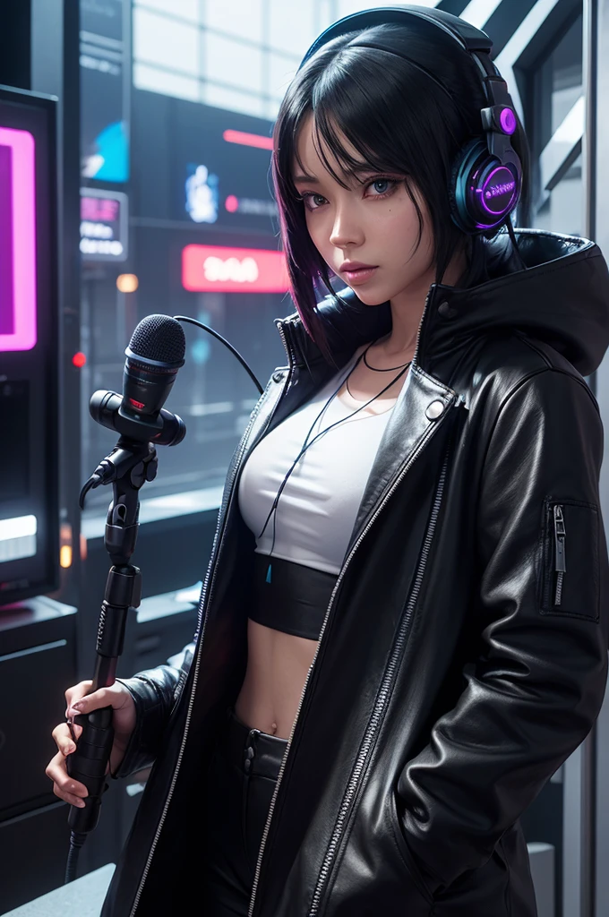 human avatar, with microphone and podcast headphones,cyberpunkstyle