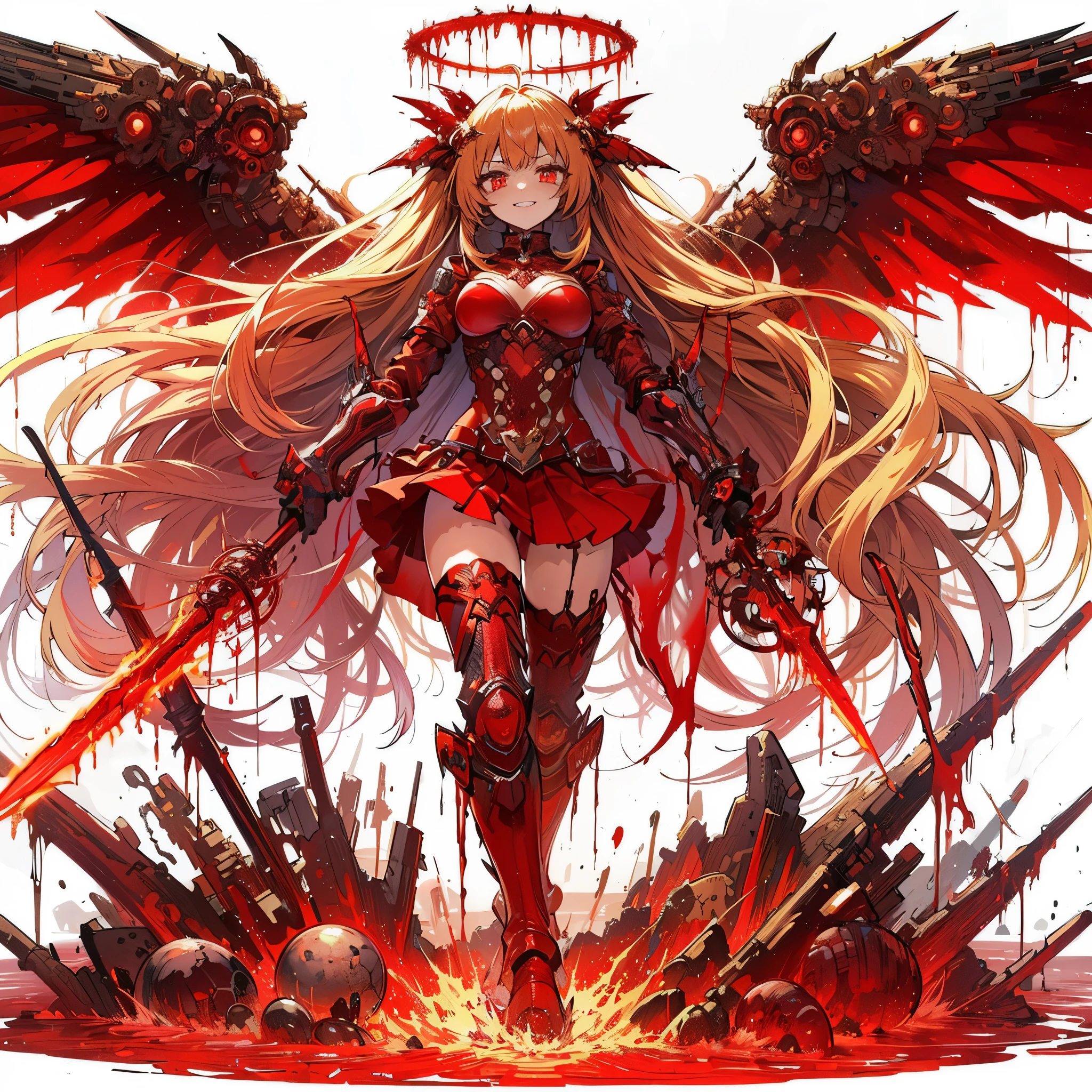 (Masterpiece, top quality), (fine hair), super detailed, anime like illustration style, solo, Cyberpunk vampire girl, head on blood halo, gold hair, Sheathing the blood sword, red pupils, SMILING-JAGGED-TEETH, spread wing shaped blood, massive, masculine, red wrestle costume, long boots, supernatural flame, ultra-massive, very mascular, white background, full body standing, standing on desolate earth. red liquid metal boiling and seething at Her feet,