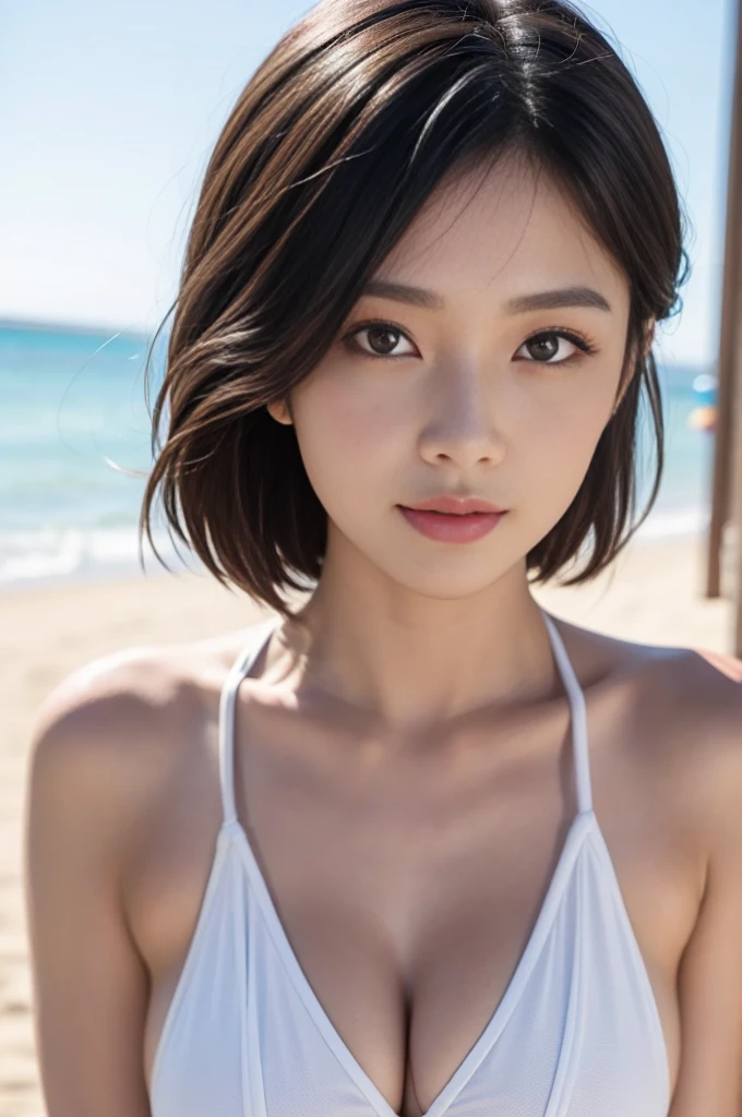 ((Highest quality)),((8K、32k)),(Genuine)、(detailed)、((Beach))、((Bust up shot))、((face closeup))、(White skin)、(Big Breasts)、The best balance between face and shoulder width、Micro Bikini、Shiny Hair、Short Bob、Glowing Skin、Japanese、beauty、Looking into the camera、Thick lips、kawaii、Hehehe:1.2、Shot with a film camera、RAW shooting、#24、Genuine、フォトGenuine:1.4、Photon Mapping、Physically Based Rendering、Perfect Anatomy、detailedなデコルテ、detailedな目、detailedな二重、detailedな咬筋、detailedな鎖骨、Perfect Fingers、Finger Description、(品質 8K)、((White skin))、Avoid mascara、Hair with movement、detailedな毛穴、Natural light、detailedな描写、Blushing、Fine pores、Perfect cleavage、masterpiece、Blushing、detailedな腹筋、sexy、detailedな脇の下、(slender)、(Upper Body)、detailedな目元、1 person、