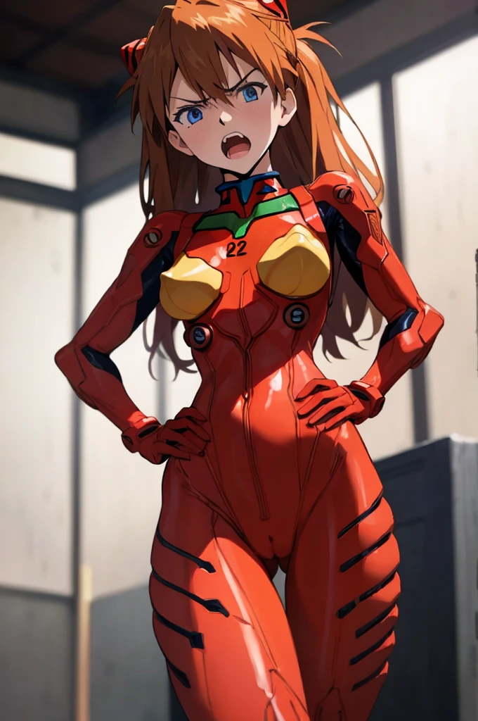 asuka, blue eyes, orange hair,cowboy shot, red bodysuits,plugsuits, hand on hip, from below,
(best quality, masterpiece, RAW photo,ultra-detailed:1.2), 1girl,solo,looking at viewer,angry,indoor,nsfw,open mouth,