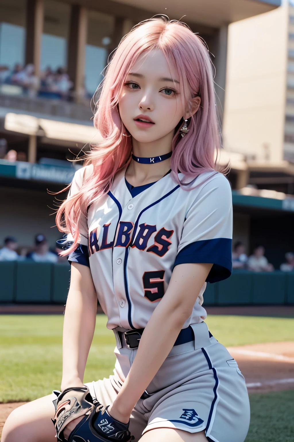 (8K, top-quality, masterpiece:1.2), (reallistic, Photorealsitic:1.37), Super Detail, One girl,), (Highly detailed), (beautifully detailed eyes), (of the highest quality), (super detailed ), (masterpiece), (Detailed face),20yr old, ,1 girl, ((pink hair,long hair)), medium breasts, clothed, Perfect Lighting, BREAK, (baseball uniform:1.5), royal blue, red stripes, (short sleeve top:1.2), V-neck, white trim, (baseball gloves:1.1), choker, diamond stud earrings, (satiny fabric:1.2), linen, (high waist shorts:1.1), red sports socks, baseball spikes, BRAKE, (bust up photo:1.2), long pink hair, wavy, (voluminous hair:1.1), cute expression, slightly open mouth, tilted head, (sexy:1.2), face turned slightly, chest touching pose, hands on chest, one leg forward, (baseball stadium lights:1.1), brown and green background, spotlight effect, (shadowy:1.1), BRAKE