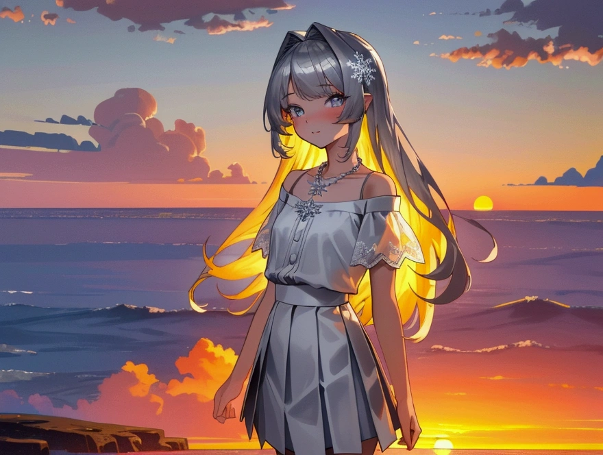 ((masterpiece, extremely high quality)),((4k, detailed beautiful cute eyes)),((cinematic view, high detailed sunset, high detailed colors, high detailed clouds, depth of view)),1girl standing at a beach side with hands behind her back, looking at viewer, white skin, closed lips, soft warm smile, silver long-hair, grey-bluish eyes, slender physique, medium-size chest, small-diamond snowflake necklace, white off-shoulder straps ruffled blouse, greyish high-waisted a-line mini skirt with lace trim.