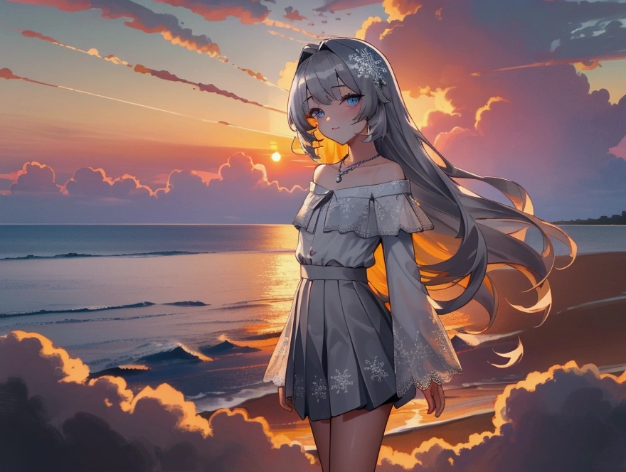 ((masterpiece, extremely high quality)),((4k, detailed beautiful cute eyes)),((cinematic view, high detailed sunset, high detailed colors, high detailed clouds, depth of view)),1girl standing at a beach side with hands behind her back, looking at viewer, white skin, closed lips, soft warm smile, silver long-hair, grey-bluish eyes, slender physique, medium-size chest, small-diamond snowflake necklace, white off-shoulder straps ruffled blouse, greyish high-waisted a-line mini skirt with lace trim.
