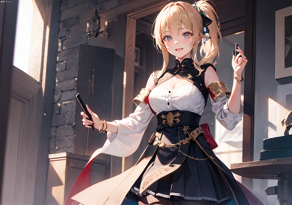 Realistic photos, Focus distance 10mm, Red and white, A big smile, Beautiful girl, Realistic photos, Focus distance 10mmで撮影, masterpiece, 最high quality, high quality, Very detailed CG 8k wallpaper unit, Award-winning photography,  Depth of written boundary, High resolution, bloom, chromatic aberration, Realistic, Very detailed, Art Station Trends, CGsociety Trends, Complex, High detail, dramatic, Art on the go, volumetric lighting, Beautiful blonde, Final Fantasy style beautiful girl、Golden Eyes、Platinum-gold ponytail、Assassin Outfit、Moonlit castle walls in the background