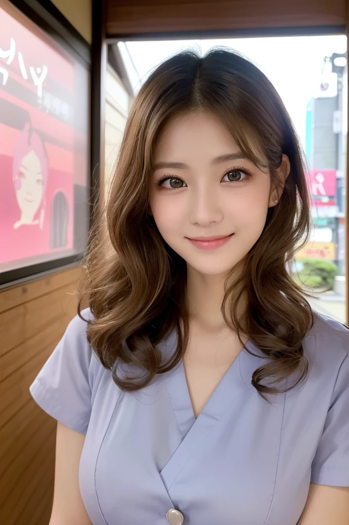 (1 Girl )、(28years old,Beautiful Japanese,round face、Refreshing、clear、seems kind、stylish、Pitiful、cute like an angel、cute、black eyes、(Single eyelid:1.3)、(Beautiful skin), {(Japan human face:1.6),(General facial features)} , (((Beautiful breasts:1.0))),(((soft breasts))),(very cute),(enchanting eyes),(highlight on eyes:1.2)、(brown hair),(medium long hair,curly blonde hair.),(8K、Live shooting、highest quality、masterpiece:1.2、optimal lighting),(Photo taken by a professional photographer),(real、photo real:1.4),BREAK,{ ((pink nurse costume)),},break, hospital,from below,(((1970s vibe)))、Hospital ,face shot:1.4,クローズアップ、,standing,Smile:1.3,open mouth:1.2,looking at viewer,(left eye clsed)