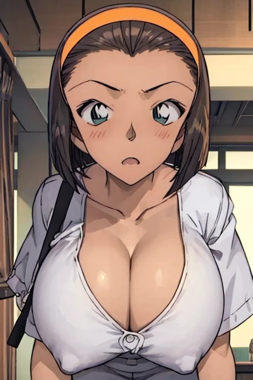 Staring at a huge penis、When I Look at You、lookatviewer、Anime Style、Eroge、1 Girl, (Huge breasts), (White shirt)、Low Angle、Brown haired, hair band、Bob Hair、The forehead is visible、blush,、Cleavage、O-neck、Accentuate your breasts、Embarrassed、blush:1.5、Huge penis with erection、Surprised、