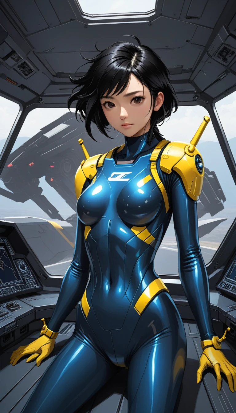 1 Girl、Medium Bust、solo、Black Hair、Braid、Mobile Race Suit、Shoulder Armor、ceiling、Wide Shot、Looking Ahead、Arms crossed、Closed Mouth、Highest quality、medium quality、22 years old、Mobile Trace System、cockpit、Asian、