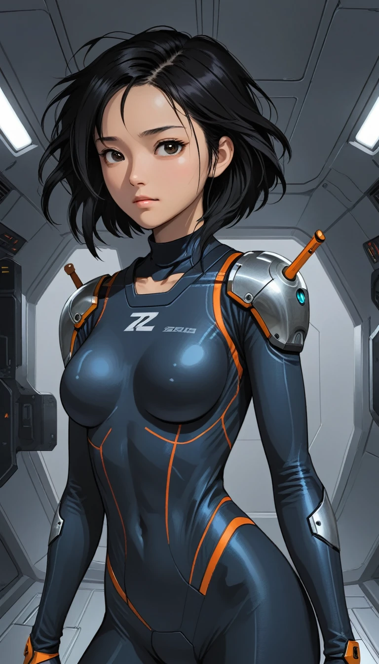 1 Girl、Medium Bust、solo、Black Hair、Braid、Mobile Race Suit、Shoulder Armor、ceiling、Wide Shot、Looking Ahead、Arms crossed、Closed Mouth、Highest quality、medium quality、22 years old、Mobile Trace System、cockpit、Asian、