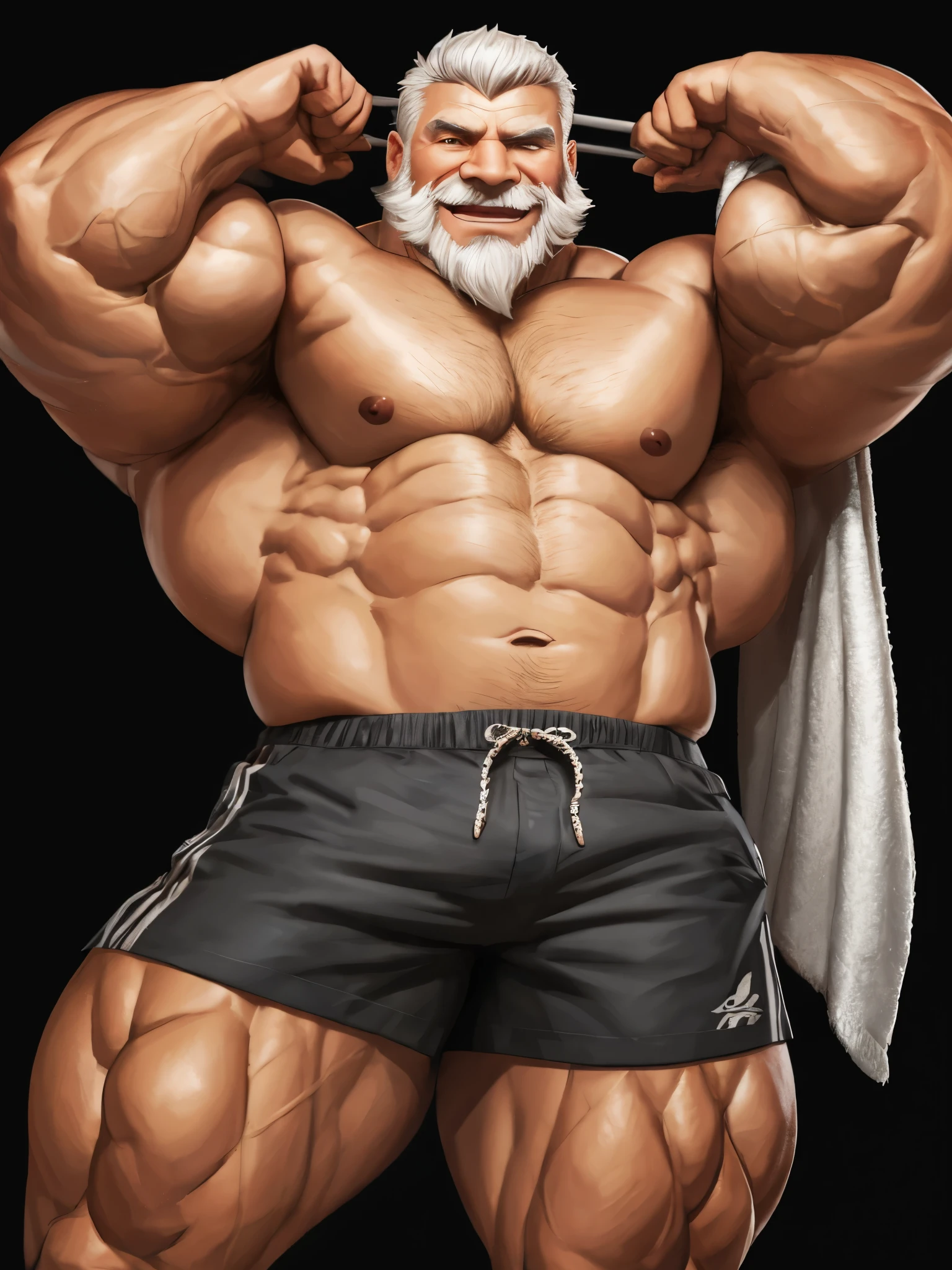 huge muscular old man , black background , wearing shorts, happy, white hair, white beards, masterpiece, semirealistic:1.2, high detailed, 8k, high resolution, perfect center, full view. sixpack