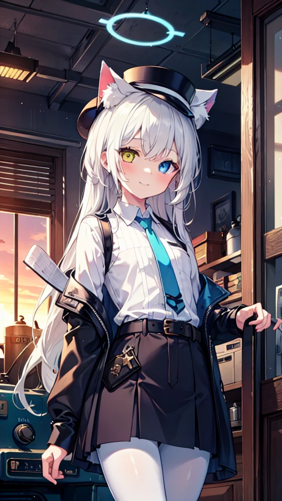 White pantyhose，White hair，Smile，Long hair，Cat ear，Heterochromia（Left blue right yellow），Female face，There are bright spots in the eyes，flat chest，blue halo，Alone，Inside the boiler room，Sunset，Steampunk，hat，Dark gray vest，belt