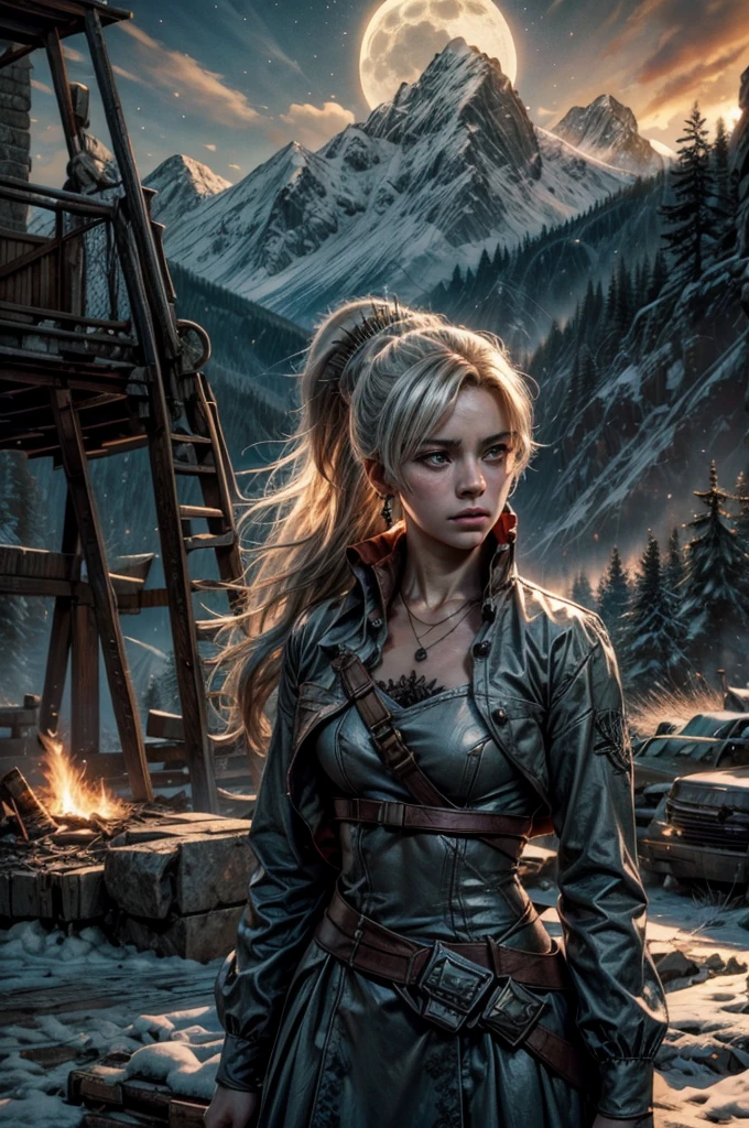 (masterpiece, best quality:1.2), cowboy shot, weissvale, expressionless, closed mouth, looking at viewer, ponytail, scar on eye, military dress, jewelry, necklace, earrings, standing with crowd in city ruins on hill, overlooking valley, BREAK night, stars, moon, snow, BREAK mountains in background, waterfall, vehicle wreck, , (crowd in military uniform), bonfires, post-apocalypse, dystopian future,