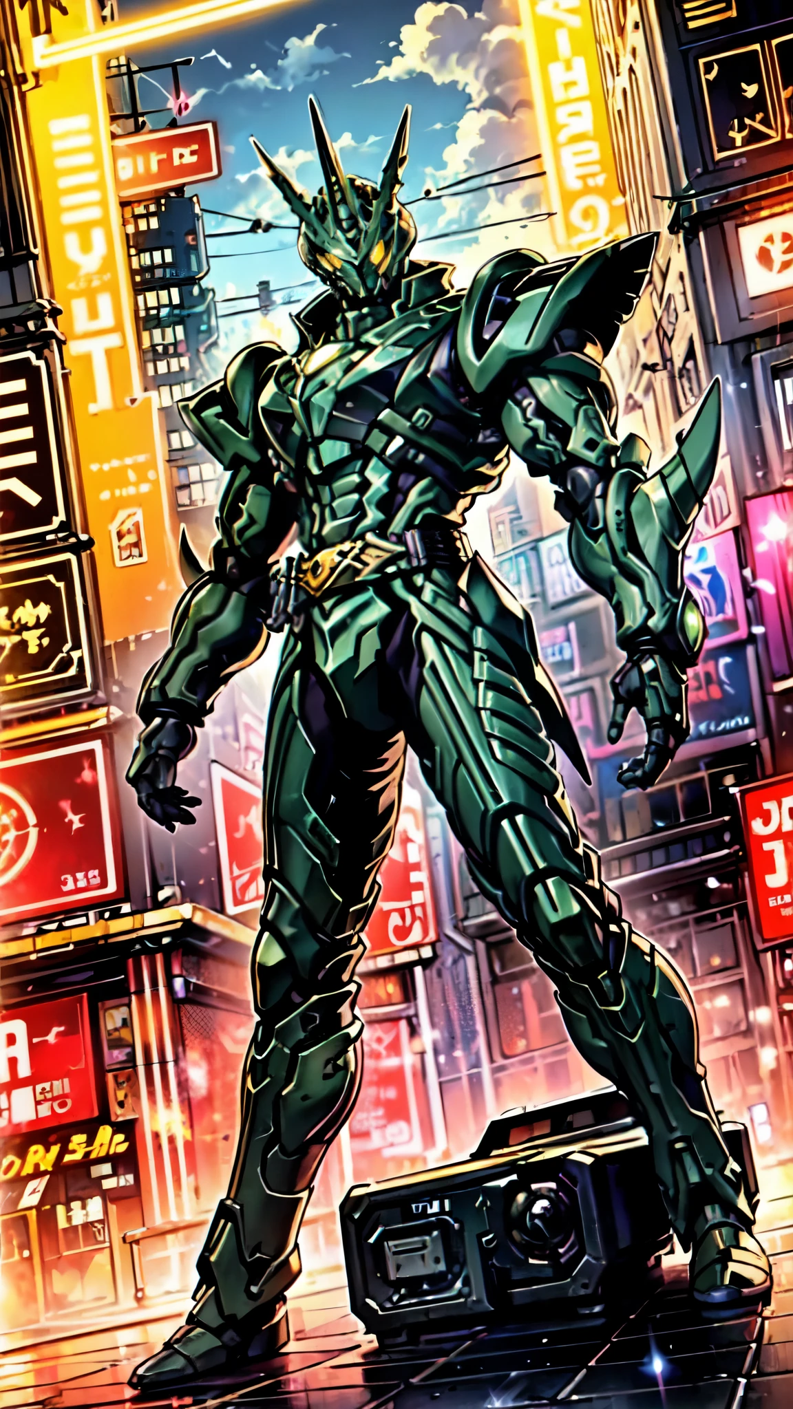 (masterpiece:1.5, best quality:1.5, extremely delicate:1.5, foreshortening:1.5, dynamic angle:1.5), a man wearing a full-face helmet, a fantasy-style biotech armored combat suit, green eyes, (a composite layered chest armor), fully enclosed shoulder guards, matching arm and leg guards, the belt is adorned with neon circuitry, (the color scheme is primarily black with white green accents), the design balances heavy with agility, a high-tech bio-mecha armor, (Armor Concept Inspired by neon Cyberpunk, stand on the top of a skyscraper in a futuristic sci-fi city), this character embodies a finely crafted fantasy-surreal style armored hero in anime style, exquisite and mature manga art style, (element, plasma, energy, the armor glows), ((male:1.5)), metallic, high definition, highres, ultra-detailed, ultra-fine painting, professional, perfect body proportions, golden ratio, anatomically correct, symmetrical face, extremely detailed eyes and face, high quality eyes, creativity, RAW photo, UHD, 32k, Natural light, cinematic lighting, masterpiece-anatomy-perfect