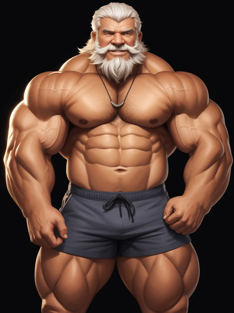 huge muscular old man , black background , wearing shorts, happy, white hair, white beards, masterpiece, semirealistic:1.2, high detailed, 8k, high resolution, perfect center, full view. sixpack