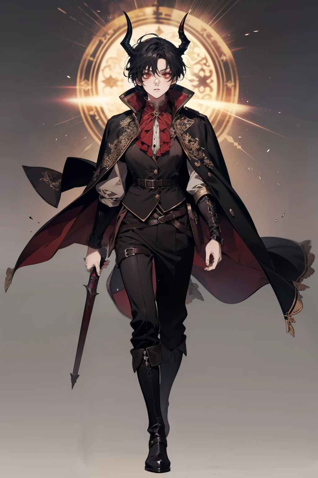 anime character, short black hair, red crimson eyes, black adventurer outfit, cloak, closed mouth, serious, full body shot, demon horns, anime, Gothic art, high details, high quality, 4K, HD, masterpiece, anatomically correct