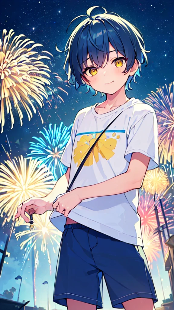 [(SUMMER BACKGROUND:1.5),::5], ((((masterpiece)))), high quality, very_high_resolution, large_filesize, upper body, full color, ((Solo)), ((little boy)), 13 old year, men's short deepblue hair, vivid color, ((yellow eye)), Summer clothes white, animestyle, light smile, ((Night)), ((firework))