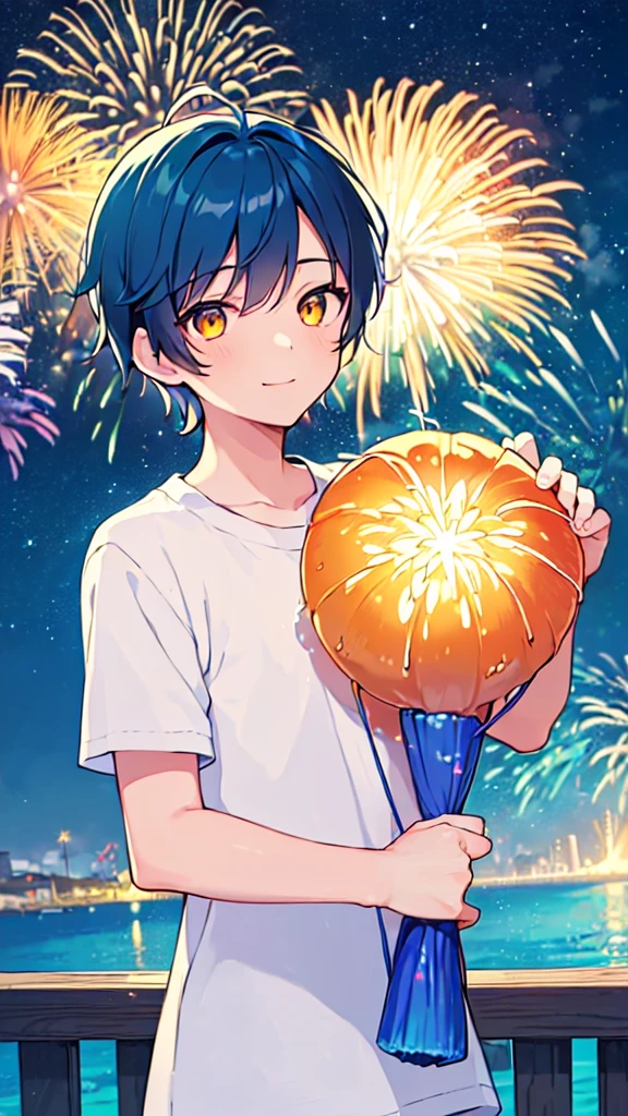 [(SUMMER BACKGROUND:1.5),::5], ((((masterpiece)))), high quality, very_high_resolution, large_filesize, upper body, full color, ((Solo)), ((little boy)), 13 old year, men's short deepblue hair, vivid color, ((yellow eye)), Summer clothes white, animestyle, light smile, ((Night)), ((firework))