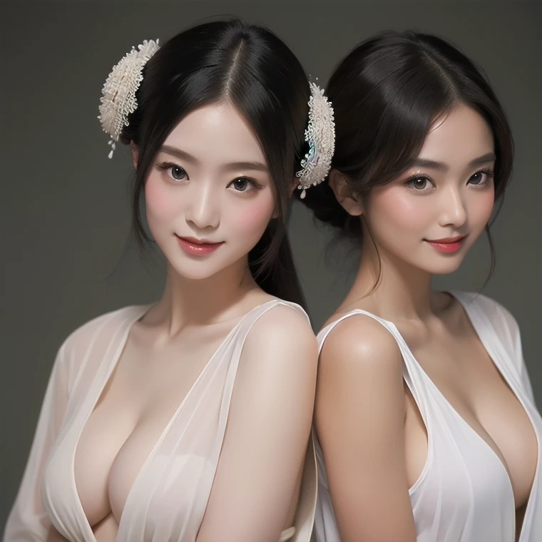 Medium shot, simple plain background, 2 girls, a medium shot of 2 buxom Japanese geisha, wearing low cut sheer robe, sleeveless, seductive smile, medium breasts 