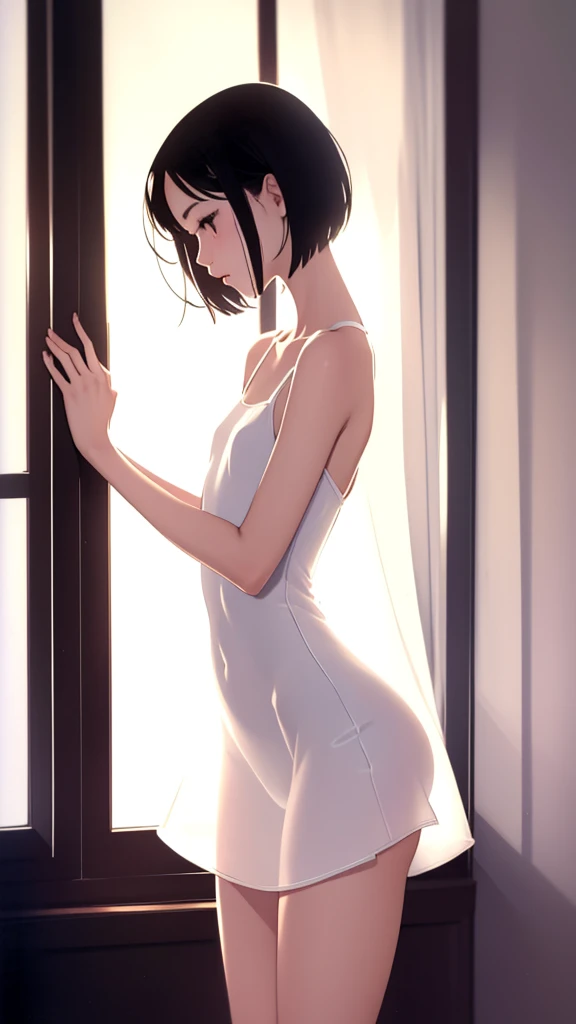 (masterpiece, Highest quality), One Girl,14 years old,Very short stature,Thin thighs,Flat Chest,slim, White short dress, Transparent Dress, See-through silhouette, Backlight, Backlight, Standing by the window, Bedroom, morning, sunlight, warm, Anime Minimalist, watercolor,hugging a big teddy bear,