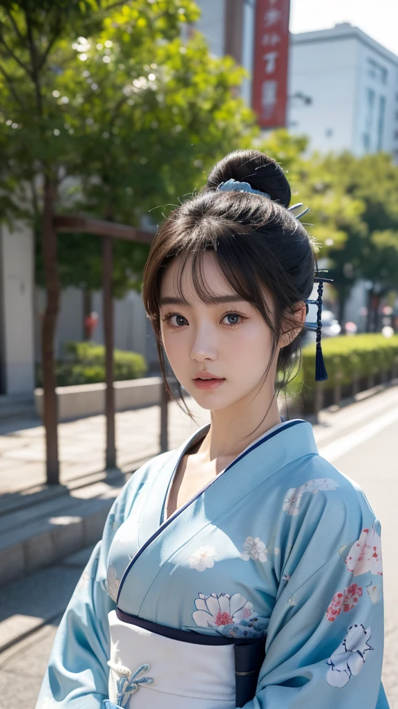 masterpiece,best quality,high resolution,8K,Realistic face,Realistic skin texture,magnified textures, 1 girl,Japanese girl, 19 years old,japanese,detailed eyes,blunt bangs,brown hair,Joyful glow,doubled lid eyes,small nose、sparkling eyes、natural make,(light blue haori(Wear it over a kimono)1.2)、she is shinsengumi,samurai of 19th century,(black japanese clothes:1.2),katana,round face,Guts pose,grimace,smol girl,big breasts,(Sexy chest:1.3),in the city,(look at viewer),she is walking,good feeling,parade,(from front),(happy:1.4)