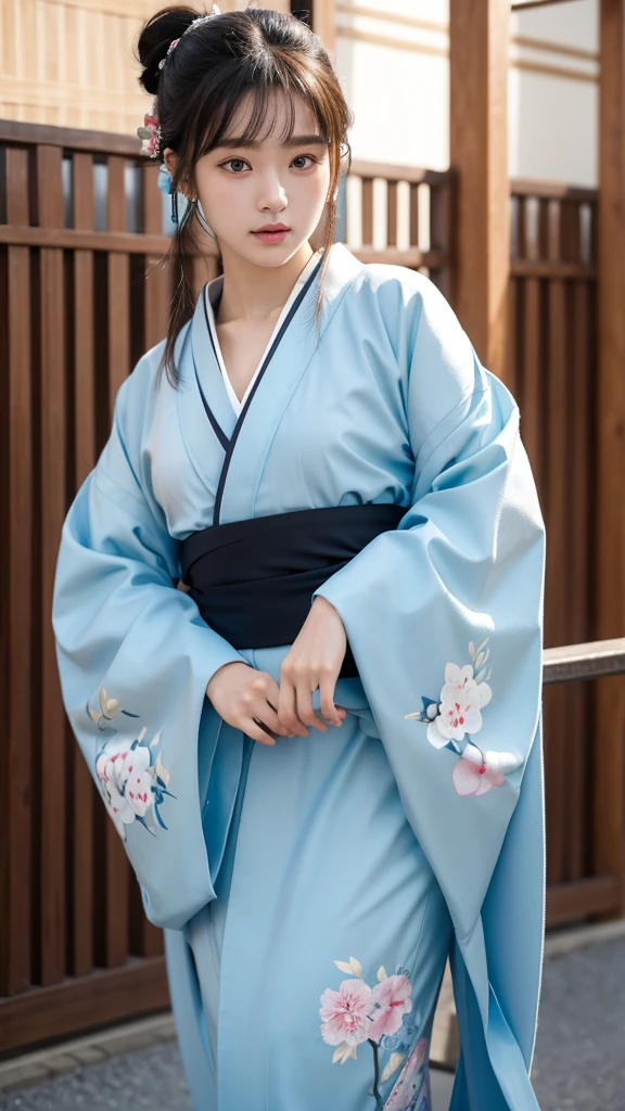 masterpiece,best quality,high resolution,8K,Realistic face,Realistic skin texture,magnified textures, 1 girl,Japanese girl, 19 years old,japanese,detailed eyes,blunt bangs,brown hair,Joyful glow,doubled lid eyes,small nose、sparkling eyes、natural make,(light blue haori(Wear it over a kimono)1.2)、she is shinsengumi,samurai of 19th century,(black japanese clothes:1.2),katana,round face,Guts pose,grimace,smol girl,big breasts,(Sexy chest:1.3),in the city,(look at viewer),she is walking,good feeling,parade,(from front),(happy:1.4)