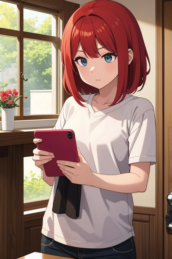 make redhaired slim girl at home, she's holding a smartphone