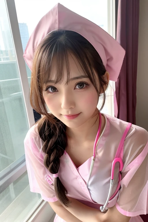 (Tabletop, Photorealistic:1.4, 8k), Highest quality, masterpiece, Ultra-high resolution, Perfect dynamic composition, Two cute and sexy Japanese nurses, Big Face, Round face, Sexy Face:0.4, Natural Makeup,(Distant eyes, blue eyes:0.8, Beautiful erotic eyes:0.85, Small Mouth, Thick lips, A taste of beautiful eroticism:0.85),(Light brown hair, French Braid:1.1), Highly detailed skin and facial textures:1.3, Sunburned skin:1.2, Slim figure, Mid-chest:1.2, Shiny thighs:1.2, Limb details, (Laughing and completely charming you:1.0), (Dark pink nurse costume:1.4, Nurse cap:0.5, Black Pantyhose:1.2), (Too cute beauty:0.9), Hospital room, ((Looking at the camera)), ((Squat on the side)),(Shooting from below:1.2)