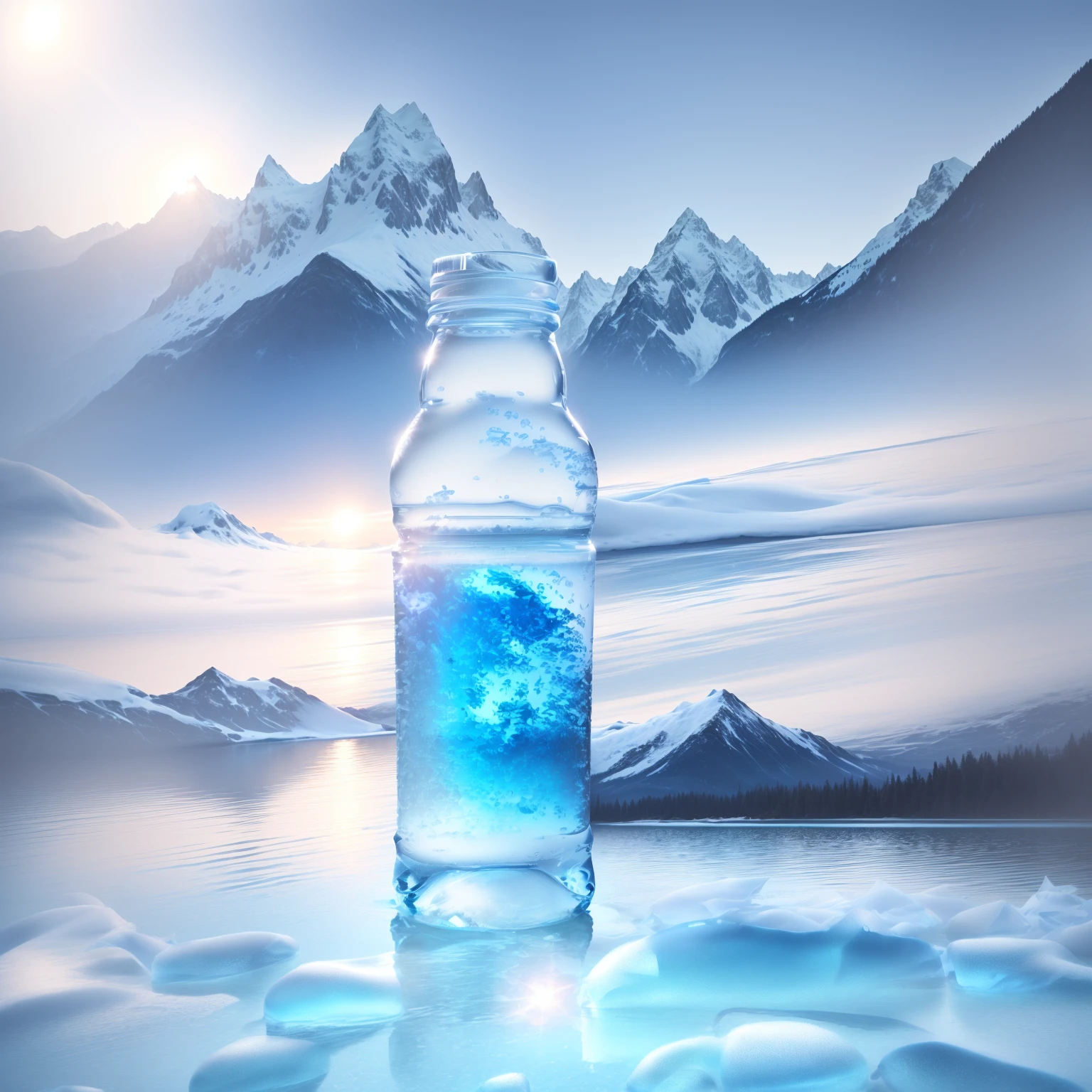 a close-up of a glass water bottle in a river of pure and crystal clear water, background water, water, crystal clear water, mountain water, transparent water, crystal clear water, clear water, detailed water, transparent water, beautiful water, ultra detailed water, detailed lake in the background, realistic water, water water, full of water, crystal clear blue water, pristine water, mountain ranges full of snow in the background, clear day, blue sky with clouds, full details, the bottle is reflected the background, full details, epic realism