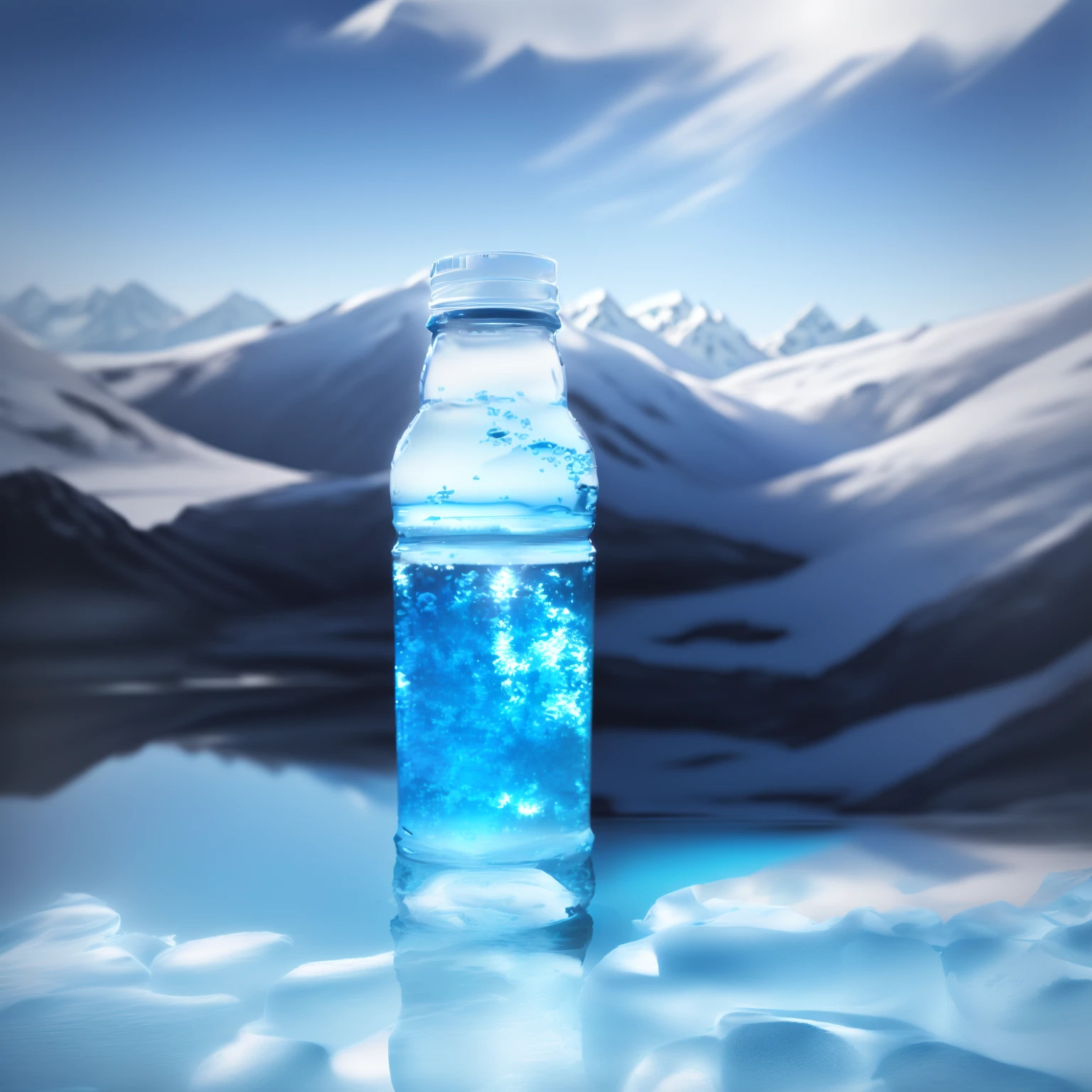 a close-up of a glass water bottle in a river of pure and crystal clear water, background water, water, crystal clear water, mountain water, transparent water, crystal clear water, clear water, detailed water, transparent water, beautiful water, ultra detailed water, detailed lake in the background, realistic water, water water, full of water, crystal clear blue water, pristine water, mountain ranges full of snow in the background, clear day, blue sky with clouds, full details, the bottle is reflected the background, full details, epic realism