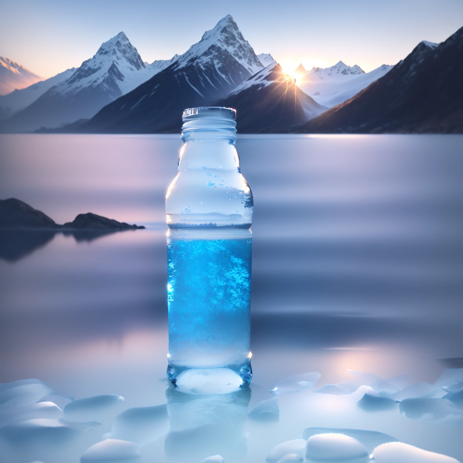 a close-up of a glass water bottle in a river of pure and crystal clear water, background water, water, crystal clear water, mountain water, transparent water, crystal clear water, clear water, detailed water, transparent water, beautiful water, ultra detailed water, detailed lake in the background, realistic water, water water, full of water, crystal clear blue water, pristine water, mountain ranges full of snow in the background, clear day, blue sky with clouds, full details, the bottle is reflected the background, full details, epic realism