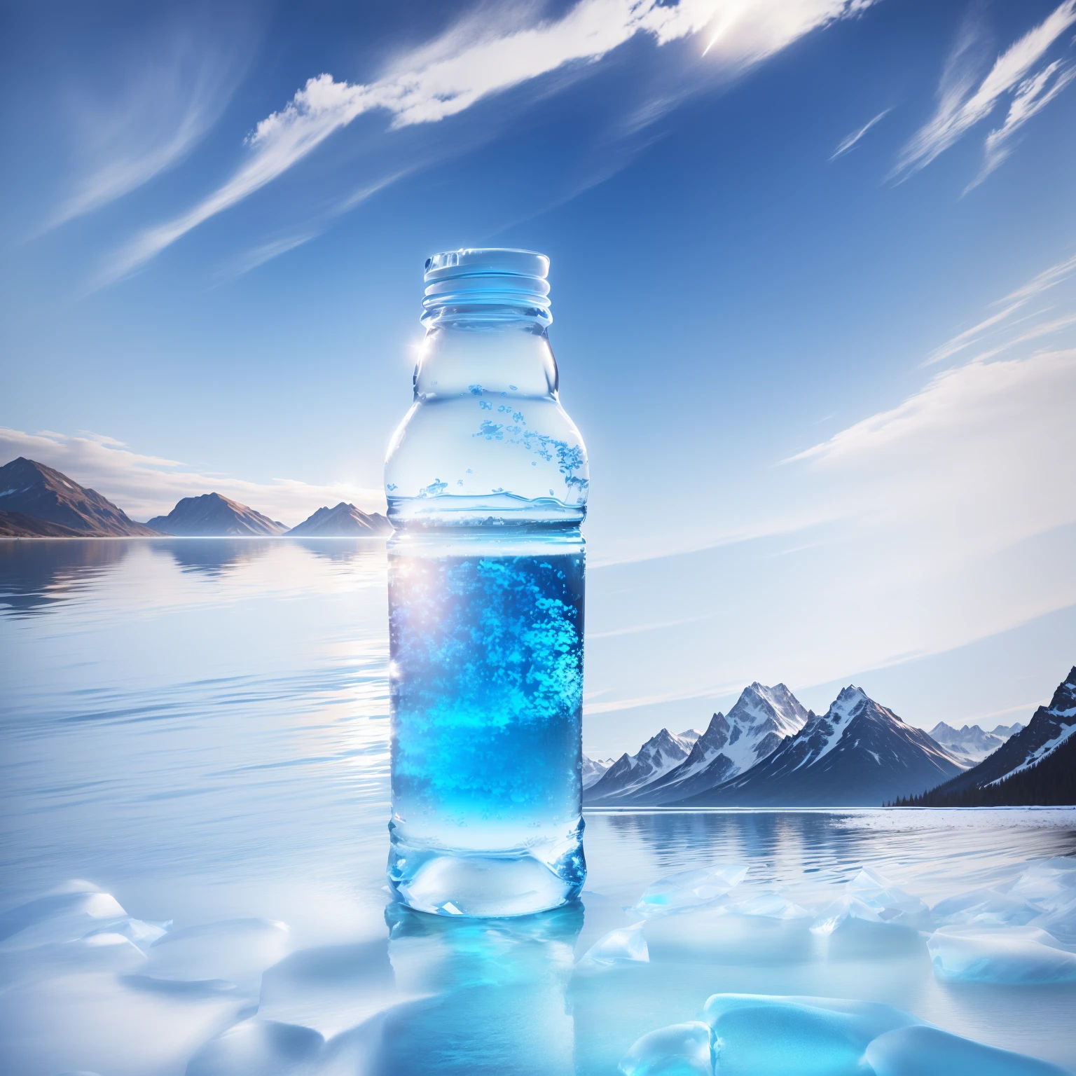 a close-up of a glass water bottle in a river of pure and crystal clear water, background water, water, crystal clear water, mountain water, transparent water, crystal clear water, clear water, detailed water, transparent water, beautiful water, ultra detailed water, detailed lake in the background, realistic water, water water, full of water, crystal clear blue water, pristine water, mountain ranges full of snow in the background, clear day, blue sky with clouds, full details, the bottle is reflected the background, full details, epic realism