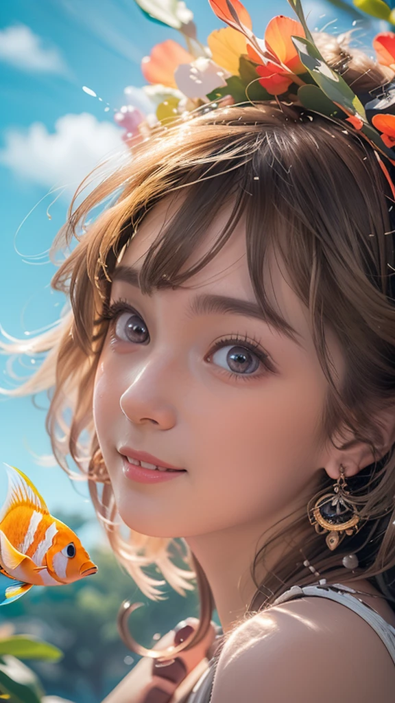 Best picture quality (8K, high resolution, Masterpiece: 1.2), super detailed, 215 Short Hair,Three braids long hair, 16-year-old woman,
In the tropical sea、Colorful tropical fish、Hair swaying in water、Golden Eyes Active Pause ,
Beside her、The thunder danced。
Close up shot of face
, random cute pose ,big eyes ,Puffy eyes , Heart Pupil, blush , huge shy smile , salute