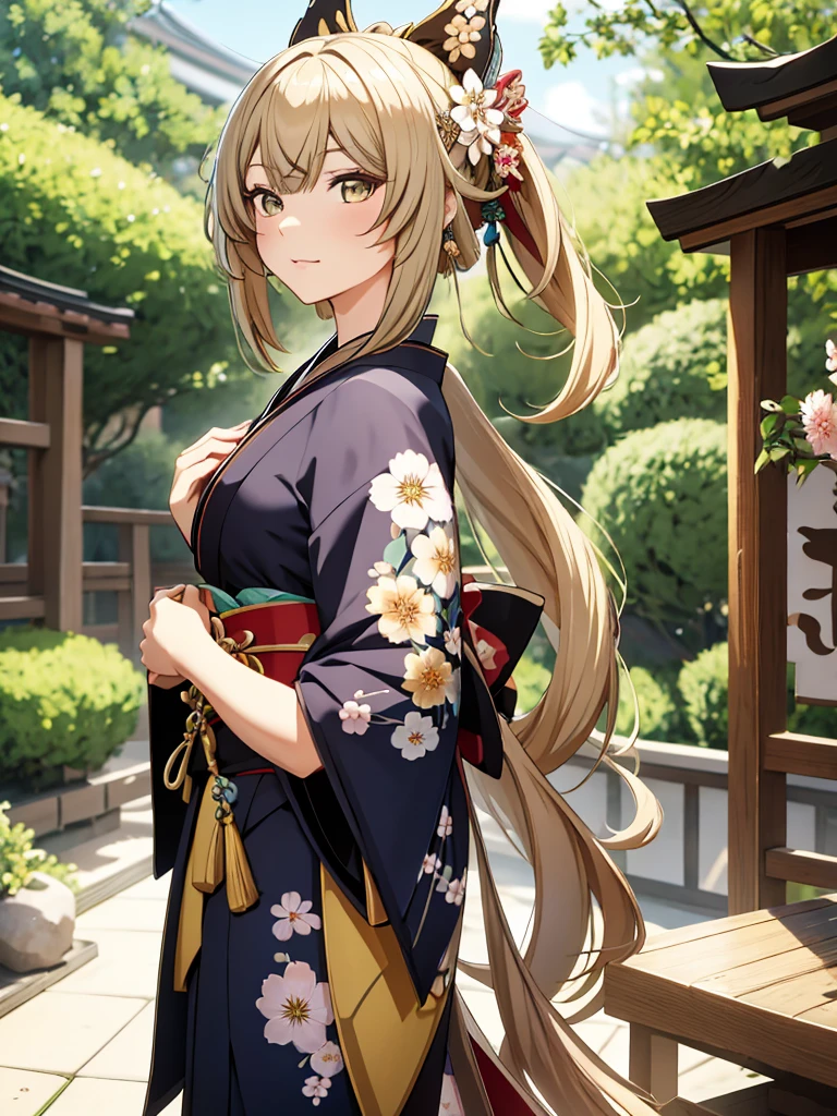 Kirara from Genshin Impact game, 1girl, wearing a Japanese kimono, Kimono with flowers art, at Japan village, kirara hair style, 8k, high detailed, high quality