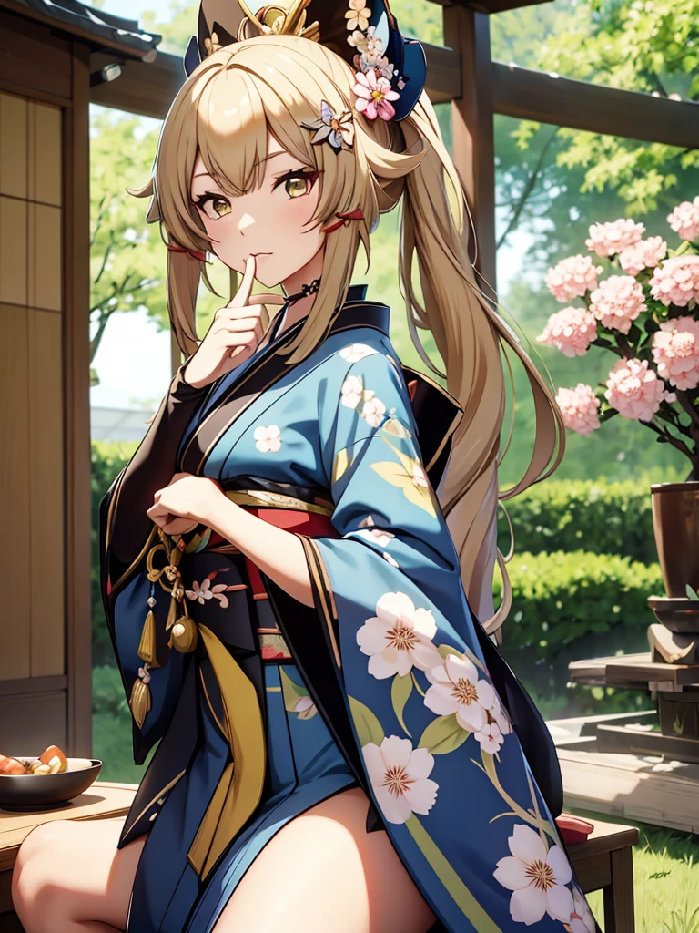 Kirara from Genshin Impact game, 1girl, wearing a Japanese kimono, Kimono with flowers art, at Japan village, kirara hair style, 8k, high detailed, high quality