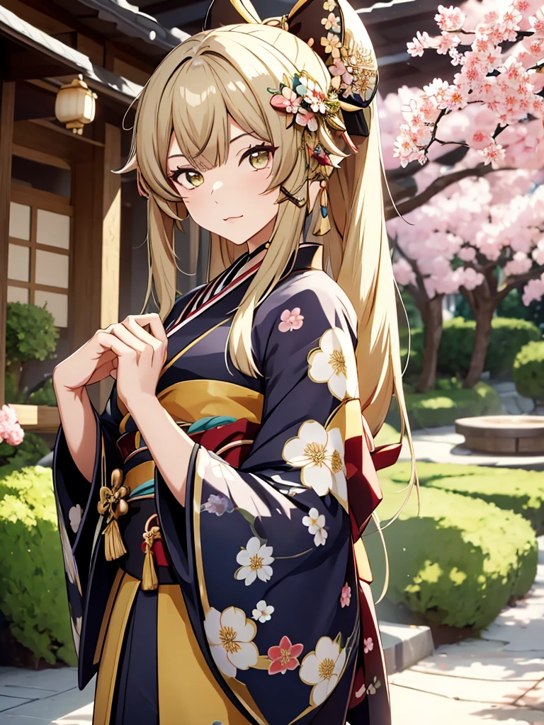 Kirara from Genshin Impact game, 1girl, wearing a Japanese kimono, Kimono with flowers art, at Japan village, kirara hair style, 8k, high detailed, high quality