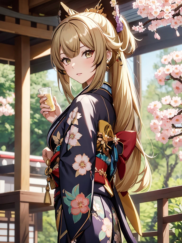 Kirara from Genshin Impact game, 1girl, wearing a Japanese kimono, Kimono with flowers art, at Japan village, kirara hair style, 8k, high detailed, high quality