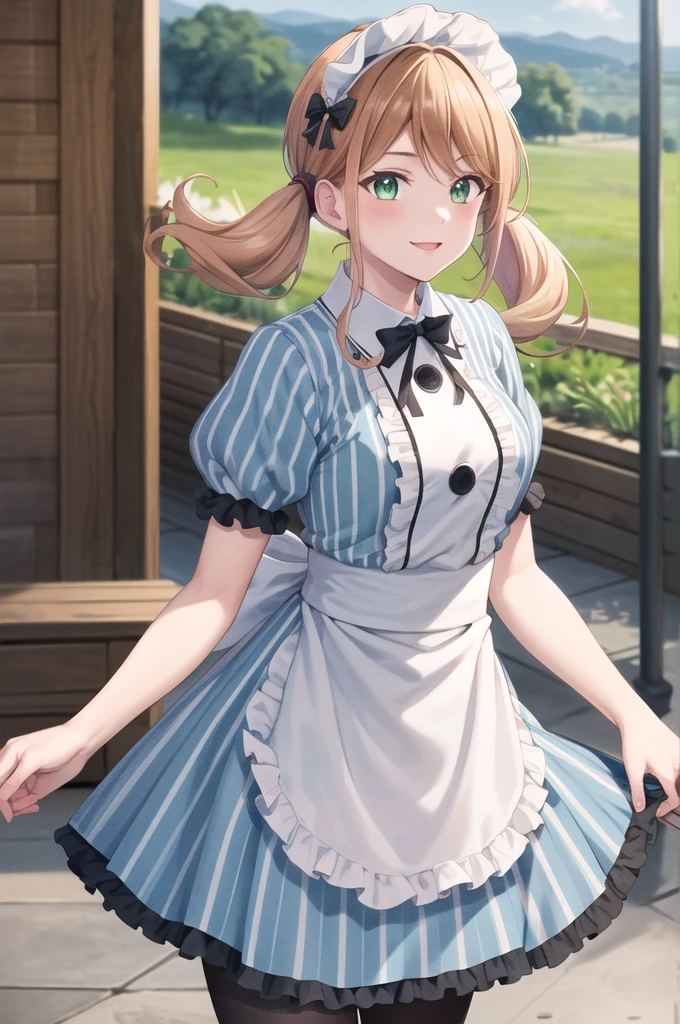 masterpiece, best quality, highres, 1girl, solo, blonde hair, low twintails, maid headdress, upper body, hair bow, green eyes, neck ribbon, frills, vertical stripes, blue dress, short sleeves, apron, black pantyhose, standing, cowboy shot, outdoors, smile