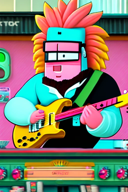 (Punk Rock Music Video Scene) Bender got Rage playing Electric Guitar in Dunkin Donut, Futurama Style, 2D Style