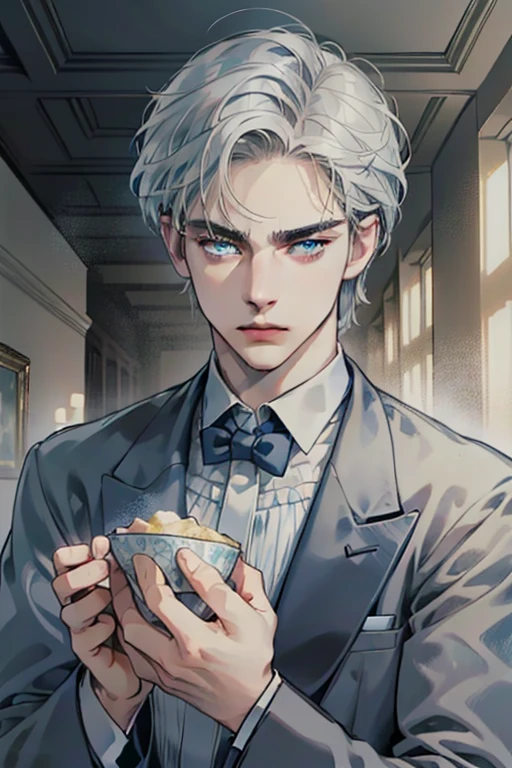 masterpiece, best quality, realistic, 1man, mature male, quiet and charming young man, 39 years old, look serious, closed mouth, portrait, extremely detailed face, soft smile, ((dark grey blue eyes)), ((short-left-swept dark brunette white hair)), [thick eyebrows], dining room ((blue suit))
