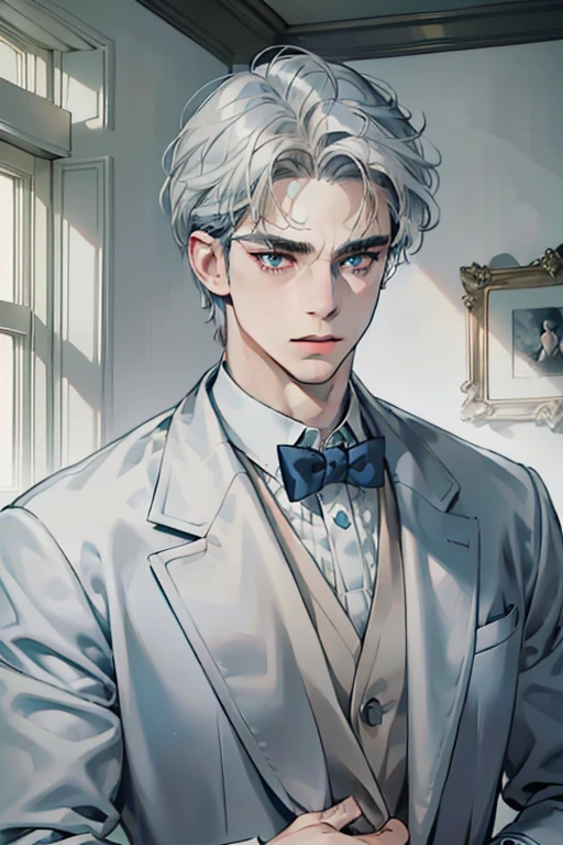 masterpiece, best quality, realistic, 1man, mature male, quiet and charming young man, 39 years old, look serious, closed mouth, portrait, extremely detailed face, soft smile, ((dark grey blue eyes)), ((short-left-swept dark brunette white hair)), [thick eyebrows], dining room ((blue suit))