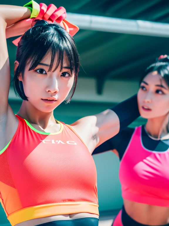 Best quality 8k resolution Ultra detailed Bright neon colored competition sportswear Serious facial expression Two women Abs Arms up Very short hair High waisted tights Flat chest Japanese Sharp focus Track and field club Very short hair 27 years old Sweating