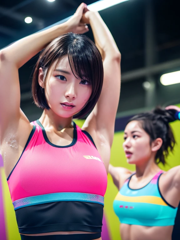 Best quality 8k resolution Ultra detailed Bright neon colored competition sportswear Serious facial expression Two women Abs Arms up Very short hair High waisted tights Flat chest Japanese Sharp focus Track and field club Very short hair 27 years old Sweating