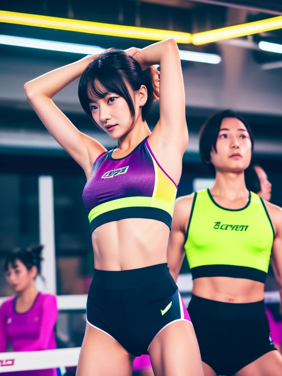 Best quality 8k resolution Ultra detailed Bright neon colored competition sportswear Serious facial expression Two women Abs Arms up Very short hair High waisted tights Flat chest Japanese Sharp focus Track and field club Very short hair 27 years old Sweating