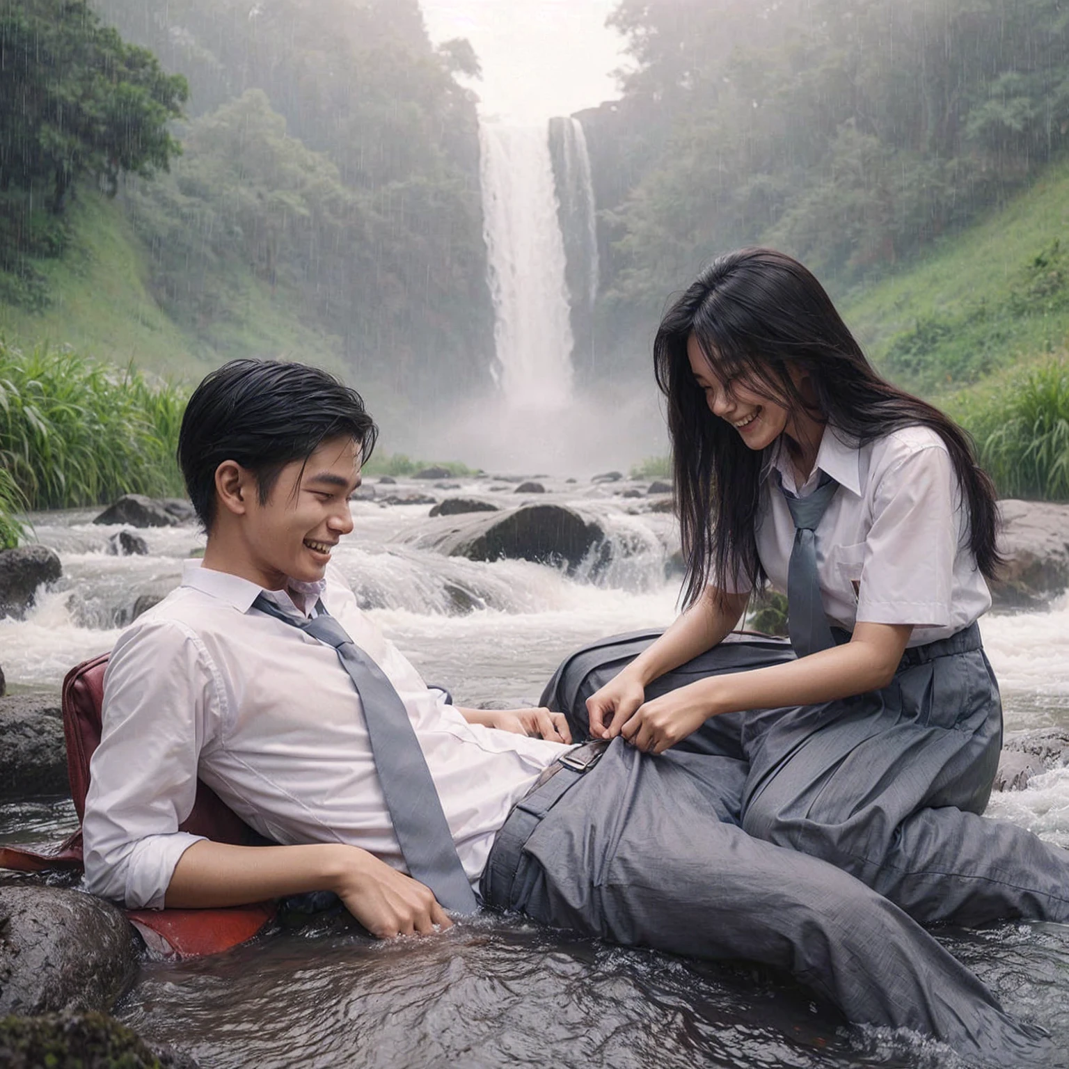 romantic couple. an Indonesian man lying on river, it is raining On the right and left sides of the river, there are lush grass, laughing cheerfully, there was a woman sitting smilling is seento try to bite the zipper of the man's pants with her teeth. in indonesian high school uniforms with white tops and gray bottoms, blank gray tie. 4k. ray tracing. high resolution realistic