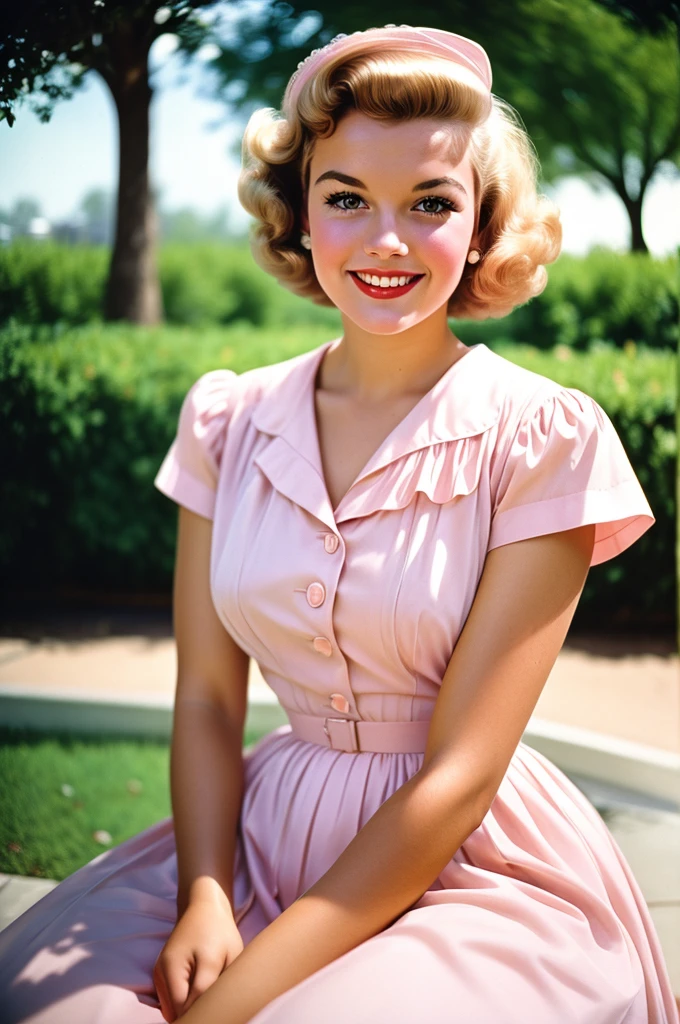 Portrait of a beautiful young housewife, smile, Wearing a pastel pink dress, The photo was taken with an analog camera in the 1950s. Person wearing traditional 50s style clothes々, Person with traditional 50s haircut, Photo by William Eggleston, Appearance of the 50s, Very detailed, slightly faded pastel colors, A little blurry, Slightly grainy, Film Photography