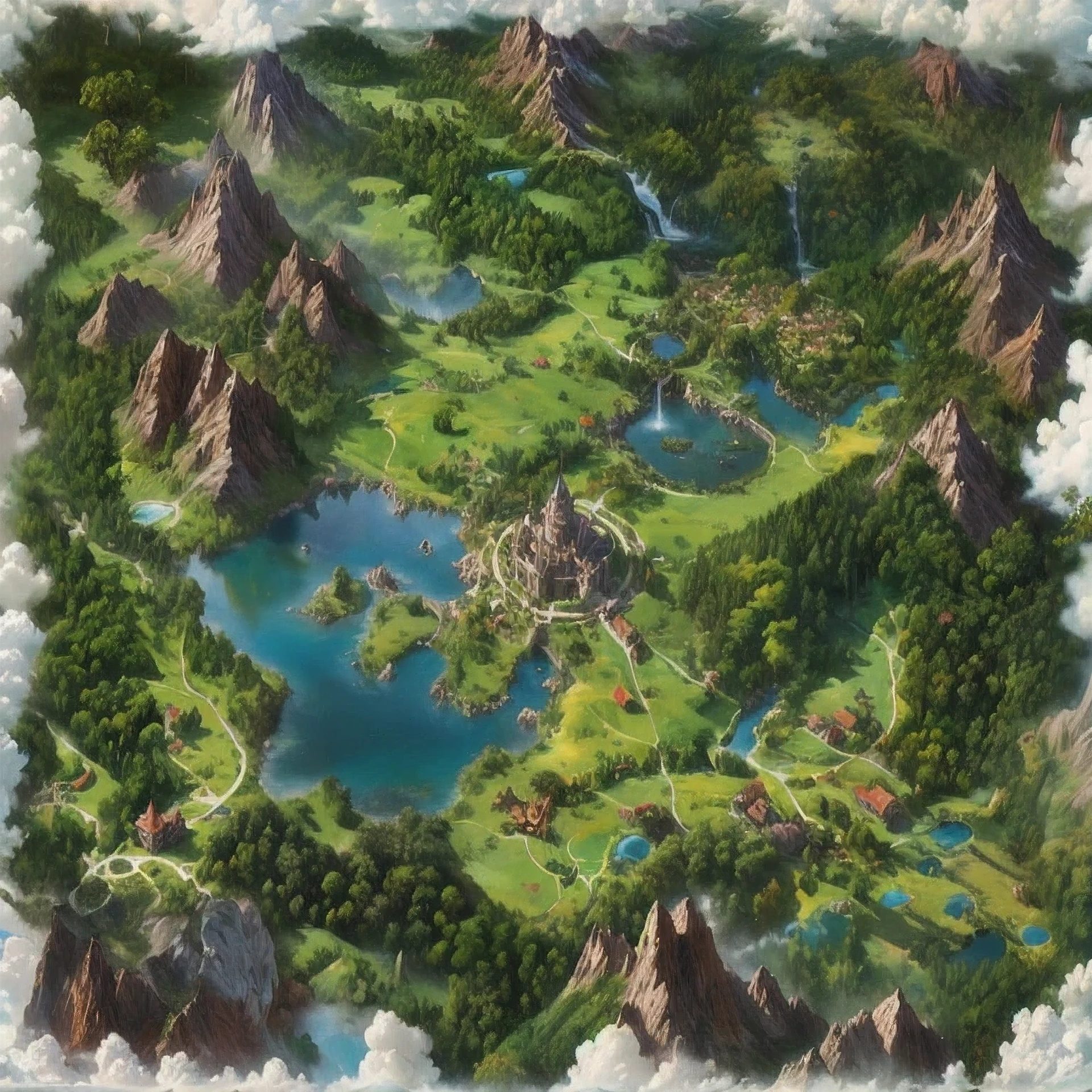 a painting of a map of a fantasy world with a lake and mountains, made of tree and fantasy valley, fantasy matte painting,cute, an isometric fantasy map, game map matte painting, kingdom of elves, fantasy highly detailed, concept art highly detailed, d&d fantasy setting, 4k highly detailed digital art, detailed fantasy digital art