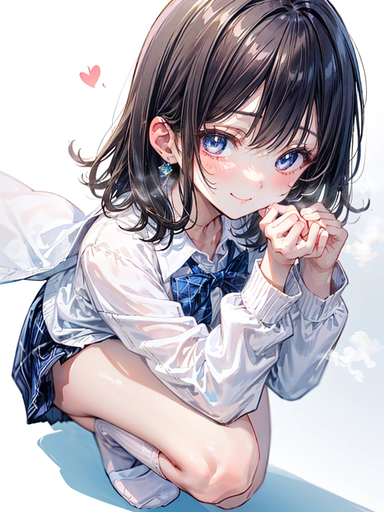 (Best quality, 8k, 32k, Masterpiece, UHD,:1.2),RAW, 1girl,ultra cute , natural lighting,transparent shining eyes, 20yo ,fair complexion, (white shirt)、ribbon tie、long sleeve、white cardigan、light blue plaid mini skirt、white socks、loafer、squatting、Taken from the side, ((Closeup shot)), wedgie, shy smiling, medium hair, (ecstasy:1.3) ,(slut:1.2), (vulgarity:1.3), (fucked silly:1.1),(steam:1.1),(wet:0.8),(trembling:0.8),(sweat:0.8),, ((White Background)), bare foot, show off panties, stripe panties