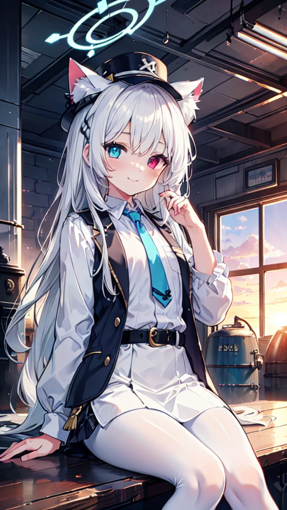 White pantyhose,White hair,Smile,Long hair,Cat ear,Heterochromia(Left blue right yellow),Female face,There are bright spots in the eyes,flat chest,blue halo,Alone,Inside the boiler room,Sunset,Steampunk,hat,Dark gray vest,belt