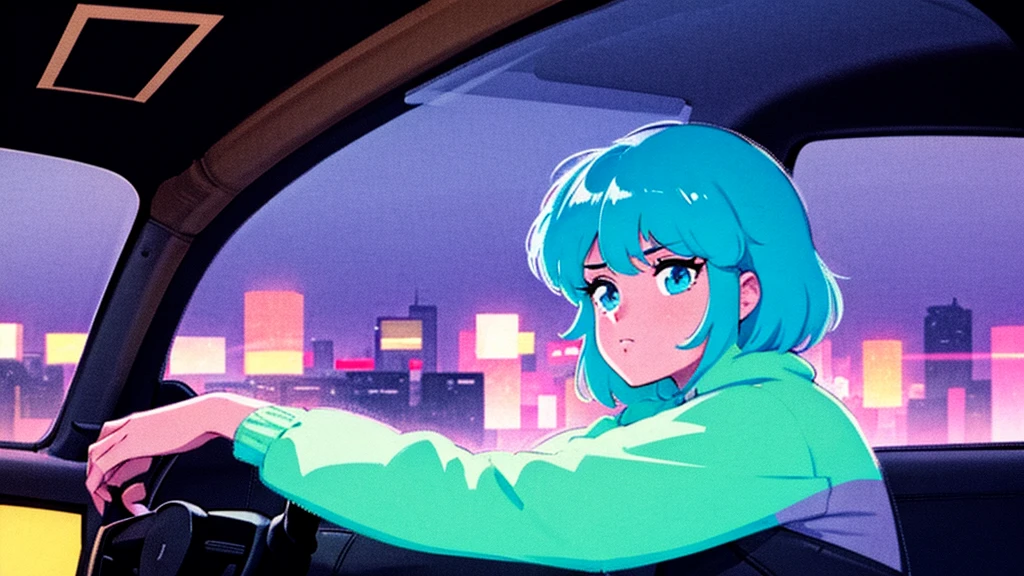 Create an image from the angle inside a car, showing a woman with a thoughtful expression on her face as she gazes out of the side window at the cityscape. The city outside should be visible, illuminated by streetlights and neon signs. Use soft, pastel colors and subtle gradients to capture a dreamy, reflective atmosphere. Ensure the interior of the car feels cozy and comfortable, adding to the overall serene vibe. 80's city pop style.