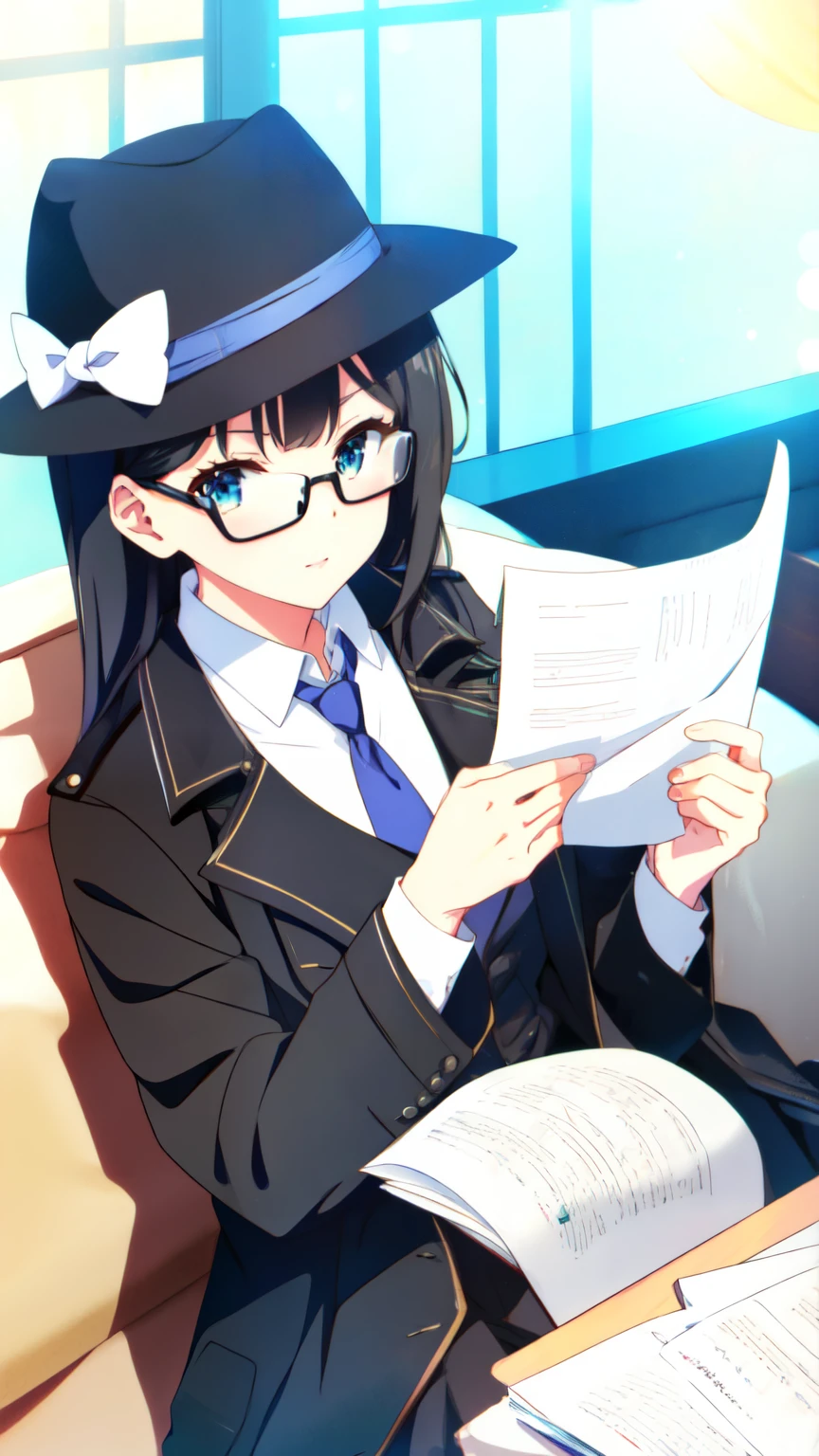 Detective girl, anime, masterpiece, best quality, 1 girl ( black trench coat, suit, skirt, fedora, glasses, cross-legged, sitting on sofa, necktie, reading a paper:1.2, left hand on sofa), ( table, papers on table ), window, ofice background, bokeh:1.1, serious, NEGATIVE_HAND,NEGATIVE_HAND-NEG